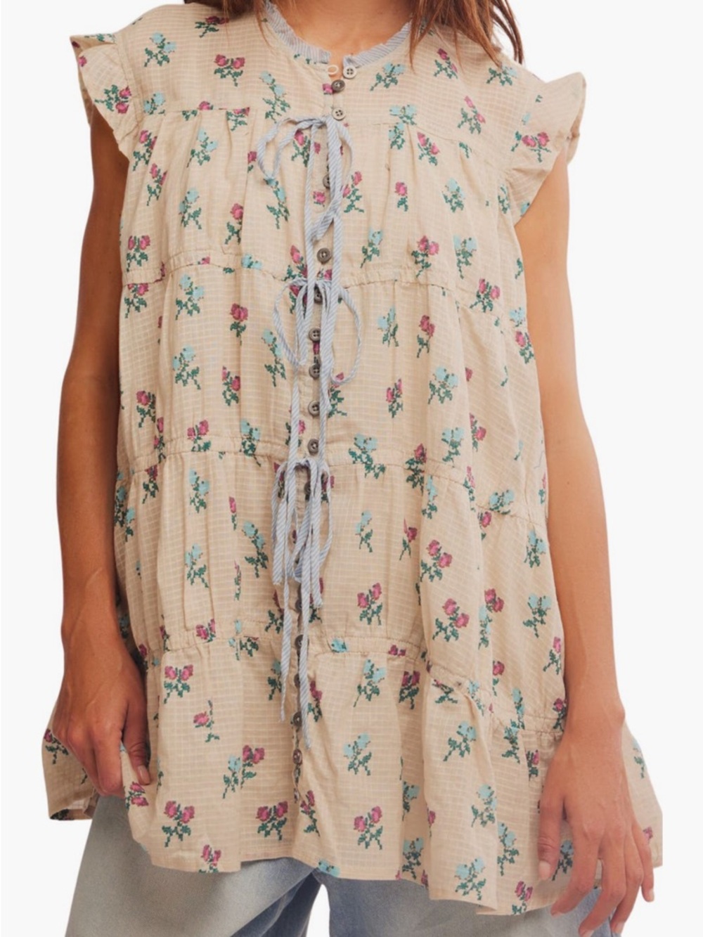Free people Sundown Mini dress ivory floral flowy print, small NWT